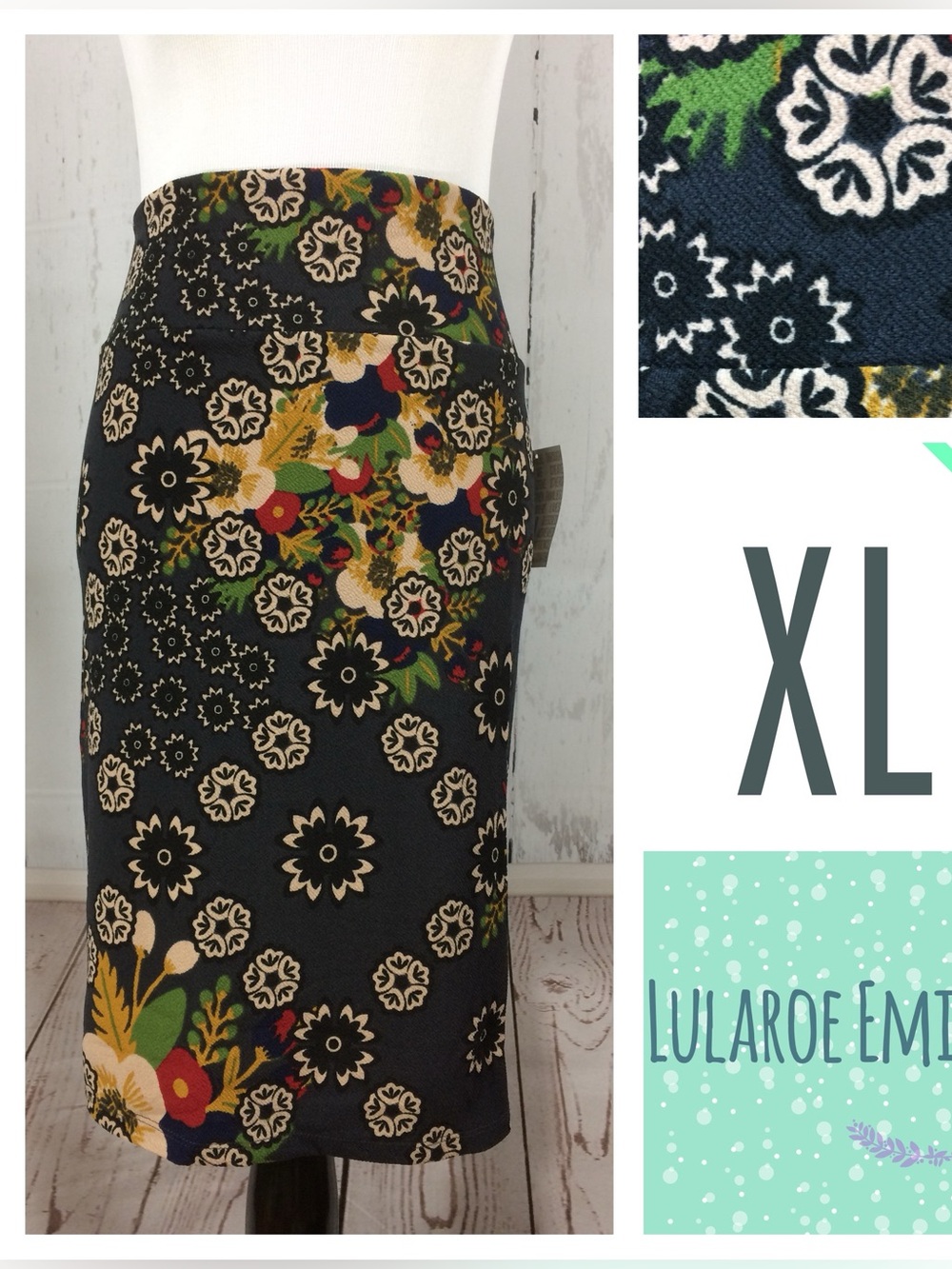 LuLaRoe XL black and navy floral Pencil Skirt with Multicolor Blooms